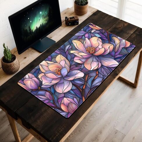 Floral Magnolia Desk Mat Purple Pink Flower Desk Pad Aesthetic Faux Stained Glass Large Mouse Pad 31.5''X15.7'' Extended Gaming Mousepad XXL Keyboard Mouse Mat Cottagecore Office Decor in Saudi Arabia