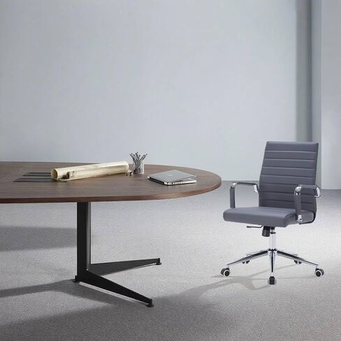 Mid-Back Office Desk Chair, Executive Office Chair with Arms, Ergonomic Swivel Rolling Leather Computer Chair for Conference Room and Home Office,Grey. in Kuwait