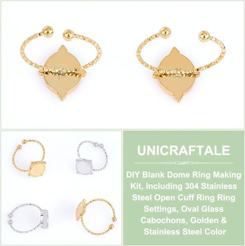 UNICRAFTALE 2 ألوان 16 قطعة DIY قبة فارغة وحلقة كابوشون بيضاوية فارغة من الفولاذ المقاوم للصدأ إعدادات حلقة الكفة المفتوحة إطار صينية الحافة الزجاجية كبوشن لصنع المجوهرات in Kuwait