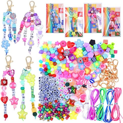 Ckhoid 618Pcs Beads Keychain Making Kit, Acrylic Colorful Letter Star Smile Bow Football Baseball DIY Supplies, Beaded Keychain & Bag Charm Craft Supplies with Colorful Beads for A-Z Name Making in Kuwait