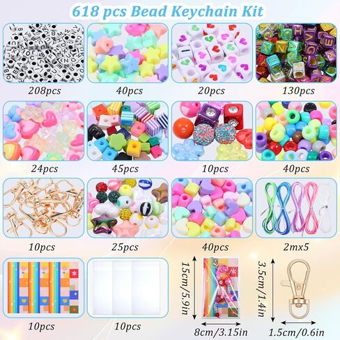 Ckhoid 618Pcs Beads Keychain Making Kit, Acrylic Colorful Letter Star Smile Bow Football Baseball DIY Supplies, Beaded Keychain & Bag Charm Craft Supplies with Colorful Beads for A-Z Name Making in Kuwait