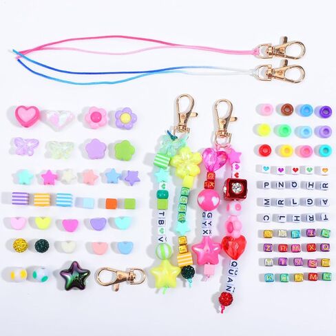 Ckhoid 618Pcs Beads Keychain Making Kit, Acrylic Colorful Letter Star Smile Bow Football Baseball DIY Supplies, Beaded Keychain & Bag Charm Craft Supplies with Colorful Beads for A-Z Name Making in Kuwait