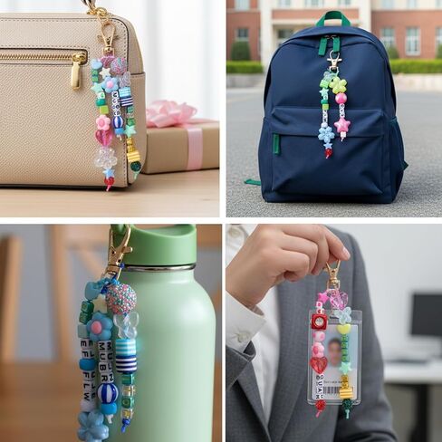 Ckhoid 618Pcs Beads Keychain Making Kit, Acrylic Colorful Letter Star Smile Bow Football Baseball DIY Supplies, Beaded Keychain & Bag Charm Craft Supplies with Colorful Beads for A-Z Name Making in Kuwait