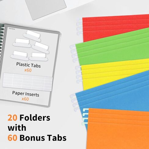 20 Pack Colored Hanging File Folders with 2 Dividers Letter Size, 5 Color Assorted, Goefun Classification Folders for Drawer, Cabinet, with 1/5-Cut Adjustable Tabs (No Built-in Tab on Divider) in Kuwait