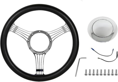 14'' Billet Black Leather Half Wrap 9 Bolts Dish Steering Wheel with Chrome Horn Button,'Banjo Style' Steering Wheel Fits Most 1967-94 GM Cars in Saudi Arabia