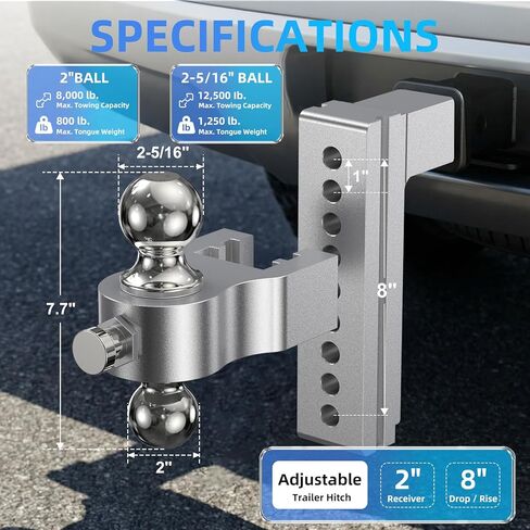 Adjustable Trailer Hitch, Drop Hitch Fits 2 Inch Receiver, (2" x 2-5/16") Dual Ball Mount Aluminum Tow Hitches, 8'' Drop/Rise - 12,500 LBS GTW for Trucks, RV, Camper etc in Saudi Arabia