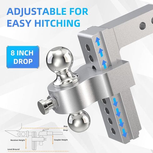 Adjustable Trailer Hitch, Drop Hitch Fits 2 Inch Receiver, (2" x 2-5/16") Dual Ball Mount Aluminum Tow Hitches, 8'' Drop/Rise - 12,500 LBS GTW for Trucks, RV, Camper etc in Saudi Arabia