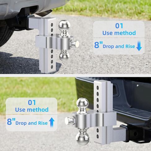Adjustable Trailer Hitch, Drop Hitch Fits 2 Inch Receiver, (2" x 2-5/16") Dual Ball Mount Aluminum Tow Hitches, 8'' Drop/Rise - 12,500 LBS GTW for Trucks, RV, Camper etc in Saudi Arabia