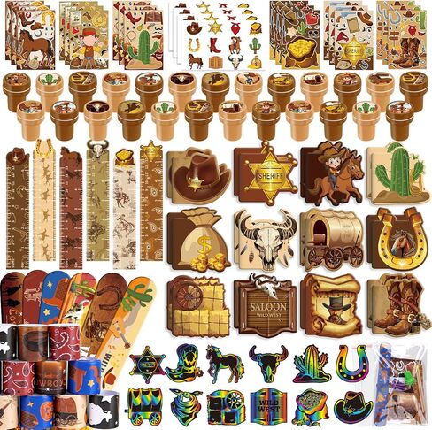 BenLouis 96 Pcs Western Cowboy Party Favors Wild West School Stationery Bulk for Kids Classroom Yee Haw Rodeo Birthday Gift Candy Goodie Bag Fillers Horse Cowboy Decor Pinata Prize Activity Supplies in Kuwait