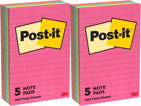 Post-it Notes, 4 in x 6 in, Lined, Assorted Bright Colors, 2 Pack, 10 Pads, 100 Sheets per Pad, 1000 Sheets Total, Sticky Notes for Planners, School and Office in Kuwait