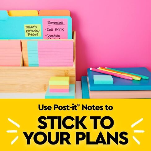 Post-it Notes, 4 in x 6 in, Lined, Assorted Bright Colors, 2 Pack, 10 Pads, 100 Sheets per Pad, 1000 Sheets Total, Sticky Notes for Planners, School and Office in Kuwait