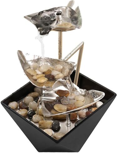 Indoor Tabletop Water Fountain - Home Decor Handcrafted 3-Tier 304 Metal Durable Desktop Fountain, Quiet Pump, Zen Relaxation for Office, Living Room, or Bedroom, Trilogy (White) in Saudi Arabia