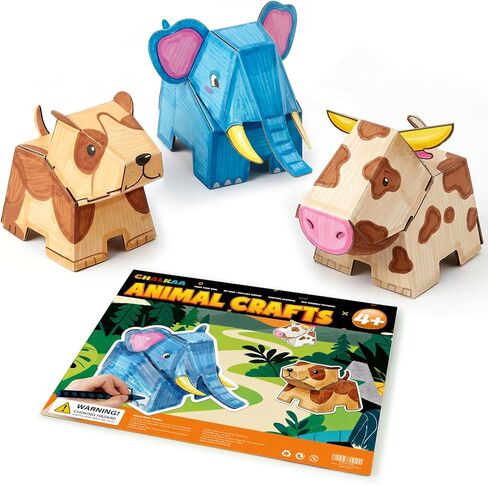 ChalKaa DIY Cardboard Animal Toys, 3D Coloring Puzzle Arts and Crafts for Kids Ages 4-8, Paint Your Own Paper Model Kit, No Glue Needed, Educational STEM Birthday Gift to Boys & Girls in Saudi Arabia