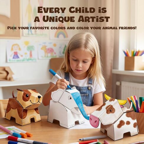 ChalKaa DIY Cardboard Animal Toys, 3D Coloring Puzzle Arts and Crafts for Kids Ages 4-8, Paint Your Own Paper Model Kit, No Glue Needed, Educational STEM Birthday Gift to Boys & Girls in Saudi Arabia