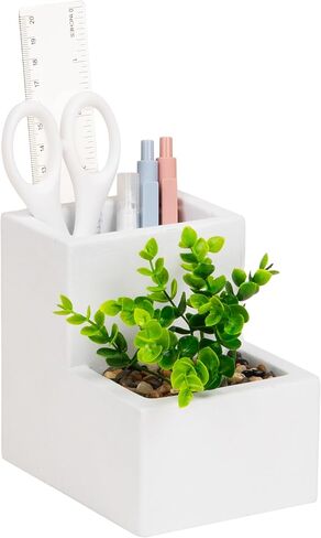 Mind Reader Ceramic Desktop Planter Pencil Cup, Desk Organizer with Faux Succulent, White in Kuwait
