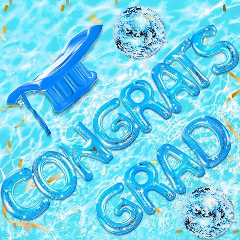 Sumind 15 Pcs Graduation Pool Party Graduation Pool Floats 2024 Blue Congrats Grad Graduation Hat Pool Float 20 Inch Inflatable Pool Balloons Decorations for Graduation Pool Party with Adhesive Dots in Kuwait