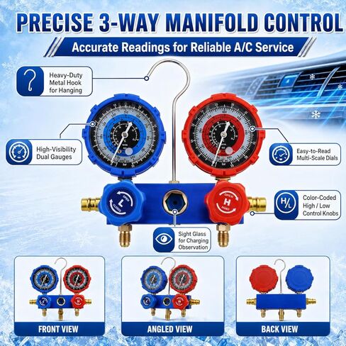 AC Gauge Set HVAC Gauges - 3 Way Manifold with R134A Refrigerant Recharge Kit for R410A, R22, R404A Refrigerants, 4000PSI Hoses, Quick Couplers, 410 Adapter, Puncturing Can Tap & Valve Core Tools in Saudi Arabia
