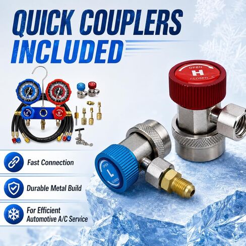 AC Gauge Set HVAC Gauges - 3 Way Manifold with R134A Refrigerant Recharge Kit for R410A, R22, R404A Refrigerants, 4000PSI Hoses, Quick Couplers, 410 Adapter, Puncturing Can Tap & Valve Core Tools in Saudi Arabia