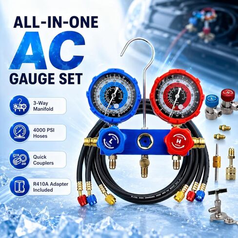 AC Gauge Set HVAC Gauges - 3 Way Manifold with R134A Refrigerant Recharge Kit for R410A, R22, R404A Refrigerants, 4000PSI Hoses, Quick Couplers, 410 Adapter, Puncturing Can Tap & Valve Core Tools in Saudi Arabia