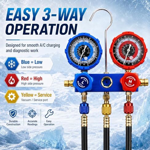 AC Gauge Set HVAC Gauges - 3 Way Manifold with R134A Refrigerant Recharge Kit for R410A, R22, R404A Refrigerants, 4000PSI Hoses, Quick Couplers, 410 Adapter, Puncturing Can Tap & Valve Core Tools in Saudi Arabia