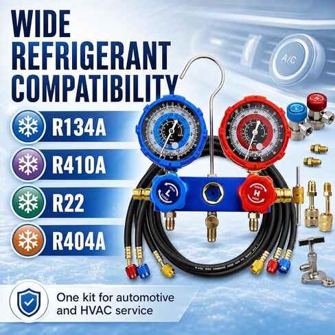 AC Gauge Set HVAC Gauges - 3 Way Manifold with R134A Refrigerant Recharge Kit for R410A, R22, R404A Refrigerants, 4000PSI Hoses, Quick Couplers, 410 Adapter, Puncturing Can Tap & Valve Core Tools in Saudi Arabia