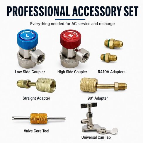AC Gauge Set HVAC Gauges - 3 Way Manifold with R134A Refrigerant Recharge Kit for R410A, R22, R404A Refrigerants, 4000PSI Hoses, Quick Couplers, 410 Adapter, Puncturing Can Tap & Valve Core Tools in Saudi Arabia