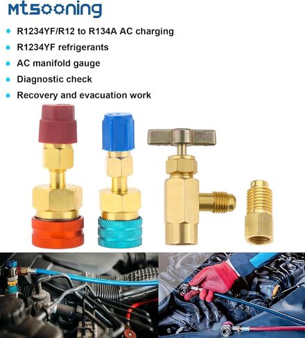 طقم محول R1234yf، علبة ذاتية الغلق وR1234yf إلى R134a قارنة توصيل سريعة، مجموعة موصلات جانبية عالية ومنخفضة مستقيمة لإعادة شحن مبرد تكييف الهواء HVAC in Kuwait