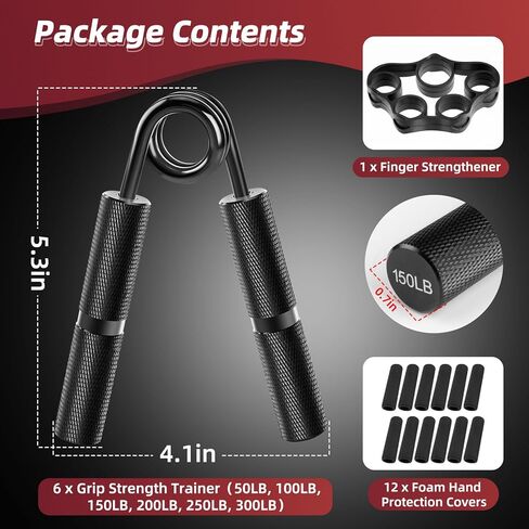 Hand Grip Strengthener Set, 6-Pack 50LB to 300LB Hand Grips Finger Strengthener, Heavy-Duty Grip Strength Trainer with Protective Foam for Forearm Exercise, Hand Gripper, Hand Therapy, Ideal for Home Gym and Muscle Building in Saudi Arabia
