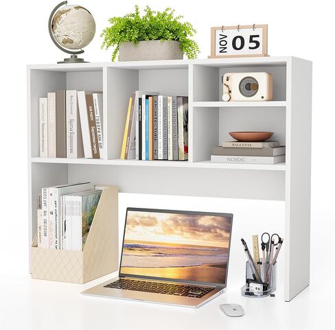 Clikuutory 2-Tier Desktop Bookshelf Hutch, Wood Countertop Storage Organizer with 4 Storage Compartments for Computer Desk, Multipurpose Tabletop Display Rack for Home Office Dorm Bedroom, White in Saudi Arabia