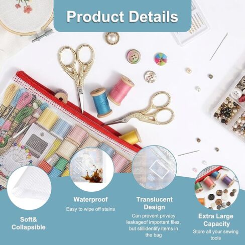 4 Pack Needlepoint Bag, Clear Mesh Sewing Bag with Zipper, 4 Colors, 17x12 Inch, Reusable Embroidery Project Bag, Suitable for Quilting, Knitting, Stitching & Craft Storage, For Sewing Art Enthusiasts in Saudi Arabia