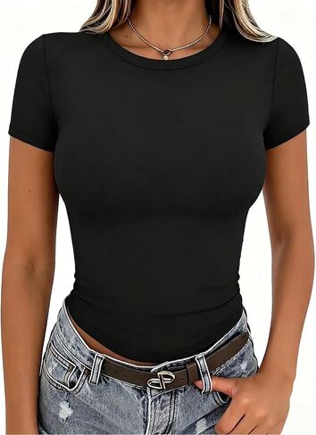 Zeagoo Women Crewneck Slim Fitted Short Sleeve T Shirts Cute Stretchy Bodycon Basic Tee Tops in Saudi Arabia