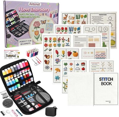 Antenat Embroidery Stitch Book & Complete Kit for Beginners and Adults - Learn 41 Stitches with DIY Stamped Flower Patterns, Step-by-Step Instructions,DIY Needlework Gift in Saudi Arabia