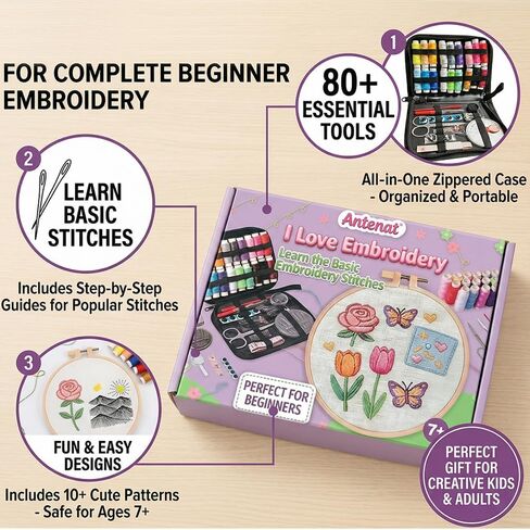 Antenat Embroidery Stitch Book & Complete Kit for Beginners and Adults - Learn 41 Stitches with DIY Stamped Flower Patterns, Step-by-Step Instructions,DIY Needlework Gift in Saudi Arabia