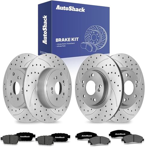 دوارات الفرامل الأمامية والخلفية ومنصات السيراميك من AutoShack لسيارة Honda، Ridgeline 2006-2011، AWD V6 3.5L - محفورة ومشقوقة مطلية إلكترونيًا - ShadowGuard in Kuwait