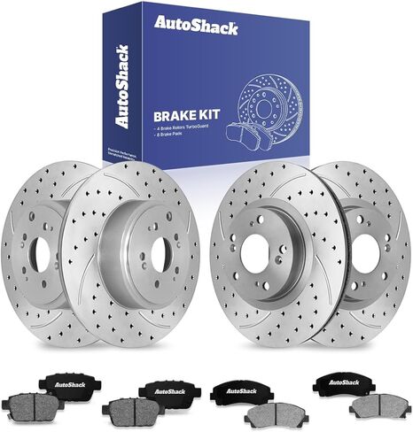 دوارات الفرامل الأمامية والخلفية ومنصات السيراميك من AutoShack لسيارة Honda، Ridgeline 2006-2011، AWD V6 3.5L - محفورة ومشقوقة مطلية إلكترونيًا - ShadowGuard in Kuwait