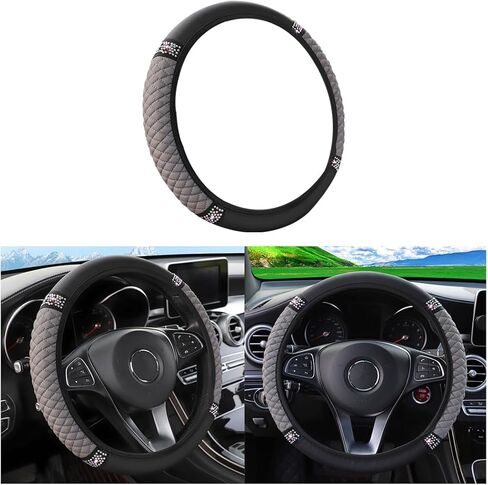 Bling Soft Leather Steering Wheel Cover, 15 Inch Colorful Rhinestones Auto Elastic Steering Wheel Protector, Sparkly Crystal Diamond for Women Girls, Car Accessories for Most Cars (Black) (Gray) in Kuwait