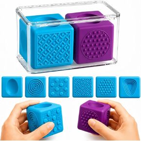 Psalms & Pals 2-Pack Silicone Fidget Cube Desk Toys, Quiet 6 Textured Sides Sensory Toys for Kids Adults, Stress & Anxiety Relief Squeeze Fidgets for Classroom Office（Blue Purple in Saudi Arabia