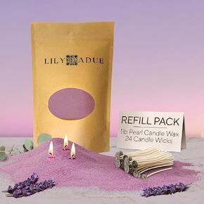 LILY LADUE Sand Candle Refill Kit - 1Lb/16Oz Lavender Scented Aroma Beads, Purple Pearled Candles Sand and Wicks (24) Without Holder, Decorative Reusable Powder Pearls Bulk Wax Pearls, Refillable Set in Saudi Arabia