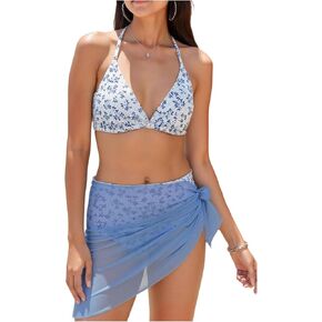 Verdusa Girl's 3 Piece Bikini Sets Boho Halter Shell Swimsuit Beachwear with Leopard Floral Cover Up Skirts in Saudi Arabia
