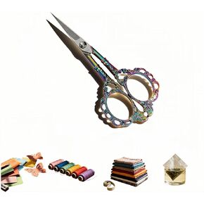 Embroidery Scissors, Small Vintage Sharp Detail Scissors for Sewing, Crafts, Cross Stitch, DIY, Thread Cutting, 4.53 Inch, Plum Blossom Design, Rainbow Titanium Finish in Saudi Arabia