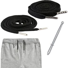 SYNTHORA 2pcs 46 Inch Cotton Drawstring Replacement with Metal Tips, Premium Hoodie String with Easy Threader for Sweatpants, Shorts, Jackets, Hats (Black Flat+Silver) in Saudi Arabia