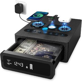 Biometric Gun Safe for Handgun | 0.1S Fingerprint Safe with 3-in-1 Wireless Charging Station, LED Display & Silent Mode, Bedside Pistol Safe for Home Defense, Gift for Gun Owners in Saudi Arabia