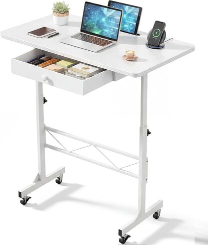 COMHOMA Small Standing Desk with Storage Drawer, Mobile Height Adjustable Rolling Sit Stand Desk with Lockable Wheels 4‑Level Portable Laptop Desk for Small Space Home Office Treadmill Workstation in Saudi Arabia