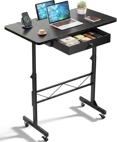 COMHOMA Small Standing Desk with Storage Drawer, Mobile Height Adjustable Rolling Sit Stand Desk with Lockable Wheels 4‑Level Portable Laptop Desk for Small Space Home Office Treadmill Workstation in Saudi Arabia
