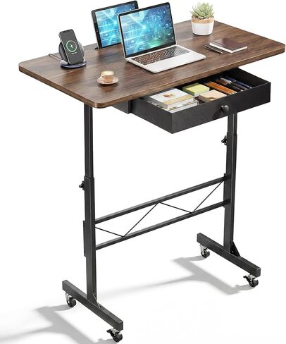 COMHOMA Small Standing Desk with Storage Drawer, Mobile Height Adjustable Rolling Sit Stand Desk with Lockable Wheels 4‑Level Portable Laptop Desk for Small Space Home Office Treadmill Workstation in Saudi Arabia