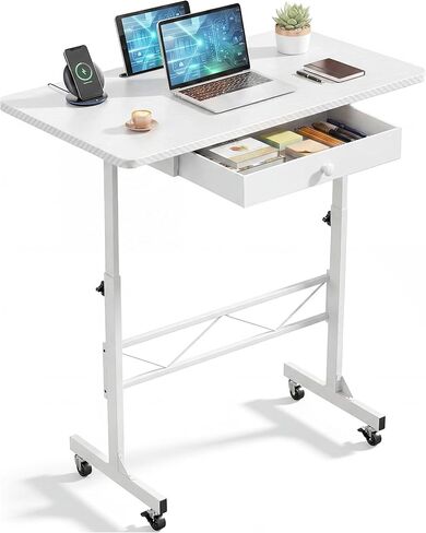 COMHOMA Small Standing Desk with Storage Drawer, Mobile Height Adjustable Rolling Sit Stand Desk with Lockable Wheels 4‑Level Portable Laptop Desk for Small Space Home Office Treadmill Workstation in Saudi Arabia