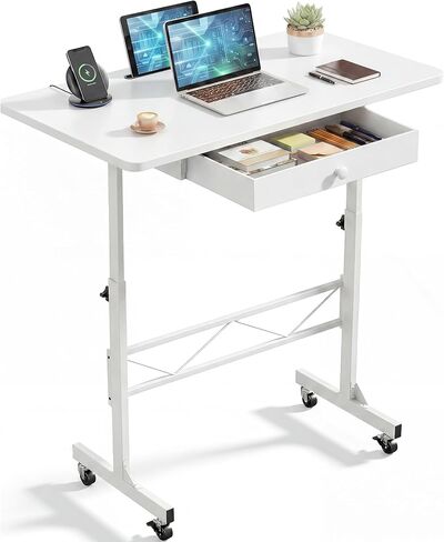 COMHOMA Small Standing Desk with Storage Drawer, Mobile Height Adjustable Rolling Sit Stand Desk with Lockable Wheels 4‑Level Portable Laptop Desk for Small Space Home Office Treadmill Workstation in Saudi Arabia