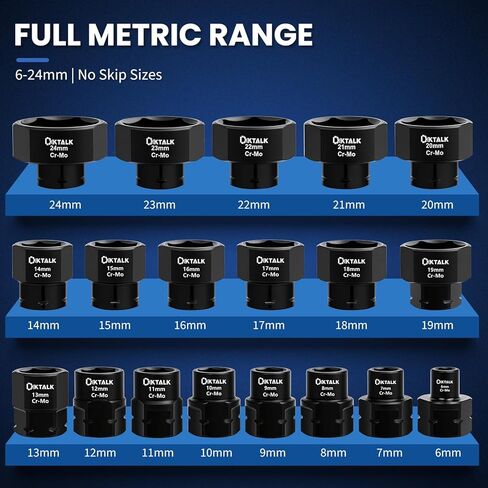 19-Piece 3/8" Drive Metric Stubby Impact Socket Set, Low Profile Design Impact Sockets for Tight Spaces, Cover 6mm-24mm, Cr-Mo Steel in Saudi Arabia