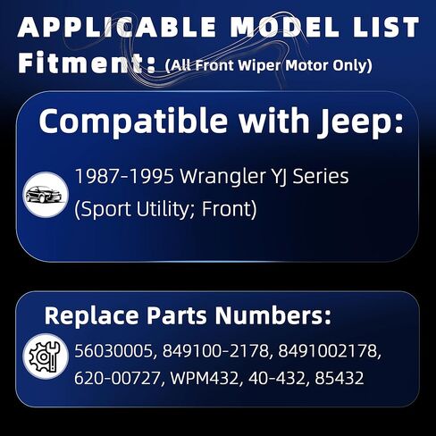 محرك ممسحة الزجاج الأمامي 56030005 متوافق مع Jeep Wrangler YJ 1987-1995 Sport Utility استبدال OE 8491002178 620-00727 WPM432 in Kuwait