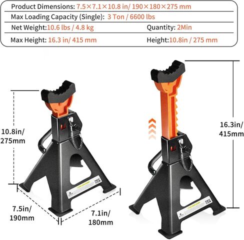 Jack Stands, 3 Ton (6,600 lbs) Extra Tall Heavy Duty Car Jack Stand, 13.39-21.06 inch Adjustable Height for SUV, MPV, Car, UTV/ATV, Black, 1 Pair in Saudi Arabia